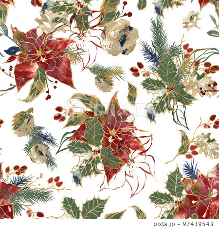 Watercolor Christmas seamless pattern of gold contour poinsettia, and linear fir branches. Hand painted holiday flowers isolated on white background. Illustration for design, print or background. Watercolor Christmas seamless pattern of gold contour poinsettia, and linear fir branches. Hand painted holiday flowers isolated on white background. Illustration for design, print or background. 97439543