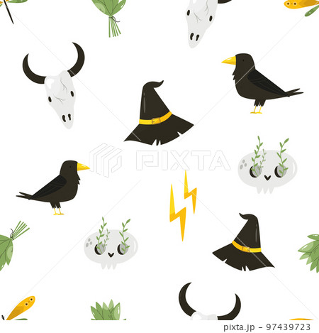 Seamless pattern with magic items, symbols and tools. 97439723