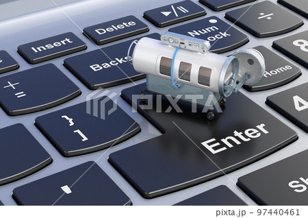 Hyperbaric chamber on laptop keyboard, 3D rendering Hyperbaric chamber on laptop keyboard, 3D rendering 97440461