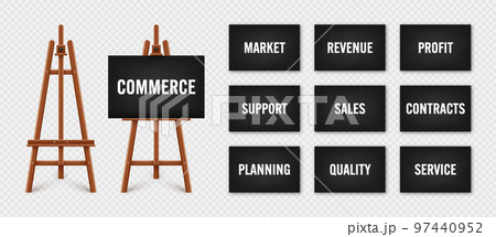 Realistic paint desk with text on black canvas. Wooden easel and a sheet of drawing paper. Presentation board on a tripod. Business investment, economics and finance. Vector illustration 97440952