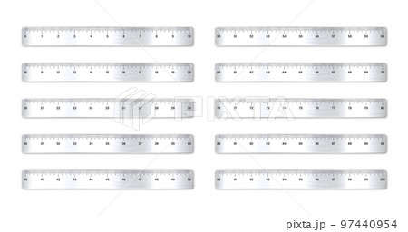 Realistic various brushed metal rulers with measurement scale and divisions, measure marks. School ruler, inch scale for length measuring. Office supplies. Vector illustration 97440954