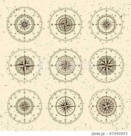 Vintage marine wind rose, nautical chart. Monochrome navigational compass with cardinal directions of North, East, South, West and degree markings. Geographical position, cartography and navigation. 97440955