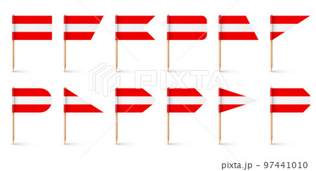Realistic various Austrian toothpick flags. Souvenir from Austria. Wooden toothpicks with paper flag. Location mark, map pointer. Blank mockup for advertising and promotions. Vector illustration Realistic various Austrian toothpick flags. Souvenir from Austria. Wooden toothpicks with paper flag. Location mark, map pointer. Blank mockup for advertising and promotions. Vector illustration 97441010