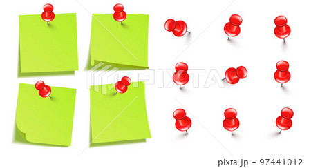 Realistic blank sticky notes isolated on white background. Green sheets of note paper with red push pins. Paper reminder and plastic pushpin with needle. Board tacks. Vector illustration 97441012