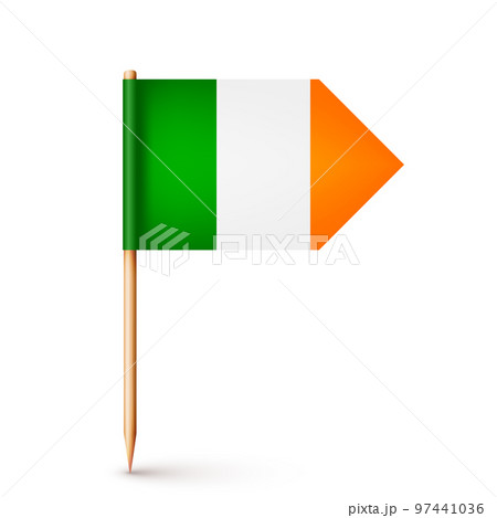 Realistic Irish toothpick flag. Souvenir from Ireland. Wooden toothpick with paper flag. Location mark, map pointer. Blank mockup for advertising and promotions. Vector illustration Realistic Irish toothpick flag. Souvenir from Ireland. Wooden toothpick with paper flag. Location mark, map pointer. Blank mockup for advertising and promotions. Vector illustration 97441036