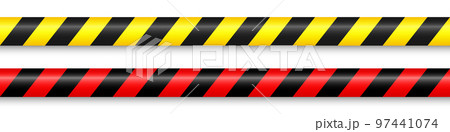 Realistic barricade construction tape. Yellow and red police warning line, danger or hazard stripe, ribbon. Under construction sign. Restricted area, zone. Attention symbol. Vector illustration Realistic barricade construction tape. Yellow and red police warning line, danger or hazard stripe, ribbon. Under construction sign. Restricted area, zone. Attention symbol. Vector illustration 97441074