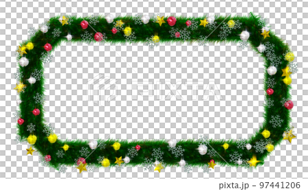 Christmas wreath-style frame material (beveled rectangle): 3D rendering of stars, orbs and snowflakes 97441206