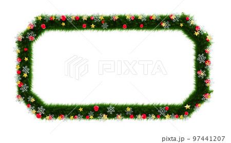 クリスマスリース風フレーム素材(面取り長方形):星とオーブと雪の結晶の3Dレンダリング クリスマスリース風フレーム素材(面取り長方形):星とオーブと雪の結晶の3Dレンダリング 97441207