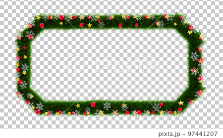 クリスマスリース風フレーム素材(面取り長方形):星とオーブと雪の結晶の3Dレンダリング クリスマスリース風フレーム素材(面取り長方形):星とオーブと雪の結晶の3Dレンダリング 97441207
