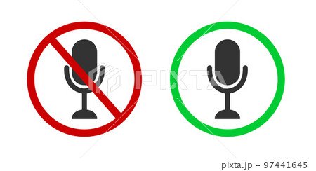 Record disabled and enabled pictograms. Sound off and on symbols in online conference. Microphone icon in red forbidden and green allowed signs 97441645
