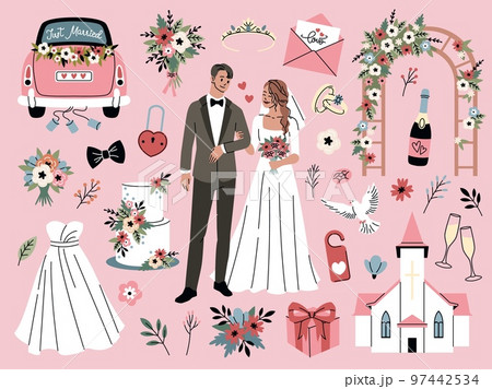 Cartoon wedding elements. Romantic party objects, bride and groom accessories, couple in love, married people, newlyweds, rings and dove, church and car, festive cake, tidy vector set Cartoon wedding elements. Romantic party objects, bride and groom accessories, couple in love, married people, newlyweds, rings and dove, church and car, festive cake, tidy vector set 97442534