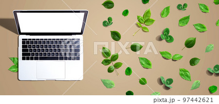 Laptop computer with green leavesの写真素材 [97442621] - PIXTA