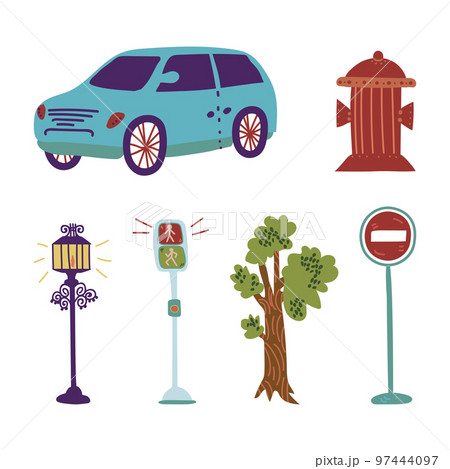 Car, Lamp, Traffic Light, Tree, Road Sign and Water Hydrant as City Street Element Vector Set Car, Lamp, Traffic Light, Tree, Road Sign and Water Hydrant as City Street Element Vector Set 97444097