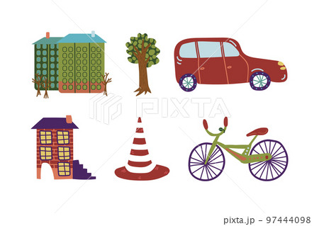 House Building, Bicycle, Car, Tree and Road Cone as City Street Element Isolated on White Background Vector Set House Building, Bicycle, Car, Tree and Road Cone as City Street Element Isolated on White Background Vector Set 97444098