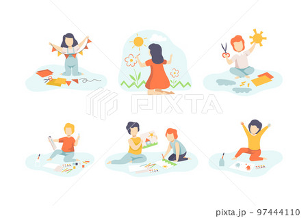 Creative Boy and Girl Making Garland and Applique, Drawing on Wall and Painting on Paper Vector Set 97444110