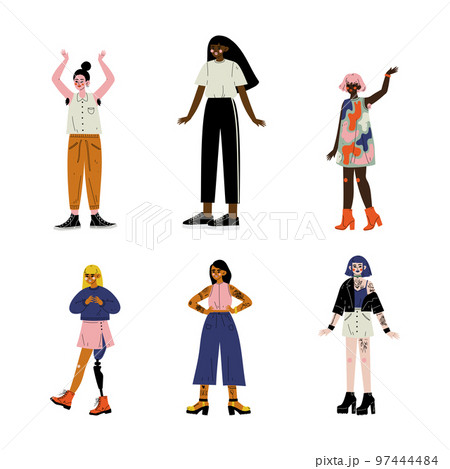 Young Diverse Woman Standing Loving Their Body and Appearance as Self Acceptance Vector Set 97444484