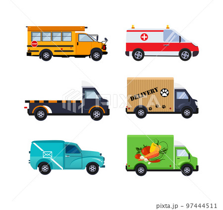 Emergency Car, Tow Truck, Delivery Van, Post and Grocery Lorry as City Traffic Side View Vector Set Emergency Car, Tow Truck, Delivery Van, Post and Grocery Lorry as City Traffic Side View Vector Set 97444511
