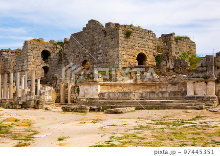 Scenic ruins of nymphaeum in Perge (Perga). Turkey 97445351