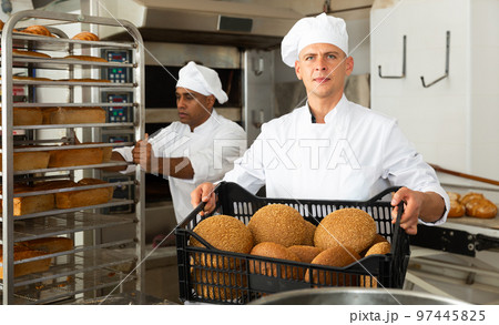 portrait of european male baker in bakery portrait of european male baker in bakery 97445825