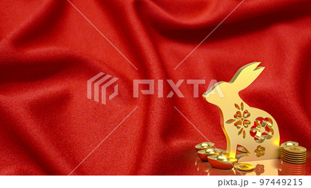 The gold rabbit and vintage Chinese money on red background 3d rendering The gold rabbit and vintage Chinese money on red background 3d rendering 97449215