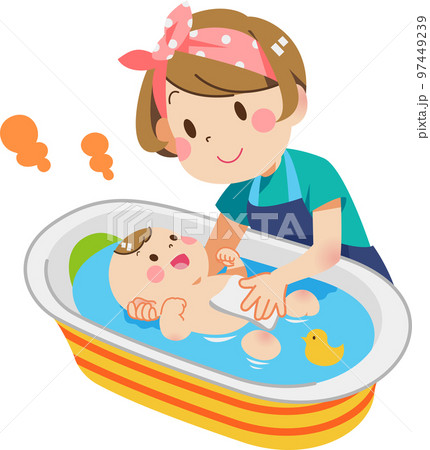 赤ちゃんをお風呂に入れる女性 97449239