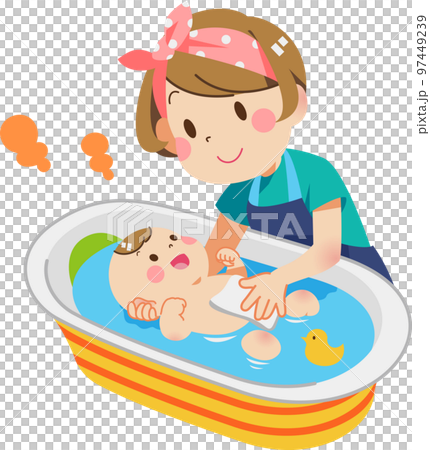 赤ちゃんをお風呂に入れる女性 97449239