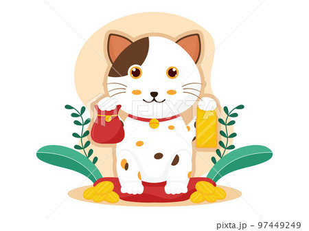 Feng Shui Oriental Philosophy with Cute Cat and Plants for Positive Energy of Five elements in Flat Cartoon Hand Drawn Templates Illustration 97449249