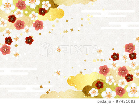 紅白梅コーナーと金色雲の麻の葉模様背景ヨコ 97451083