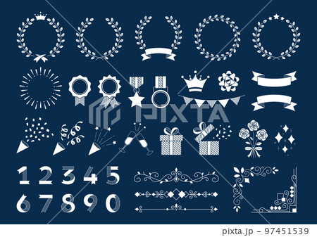 記念や賞の装飾デザインフレーム, ベクター素材セット, ネイビーの背景に白色のイラスト. 97451539