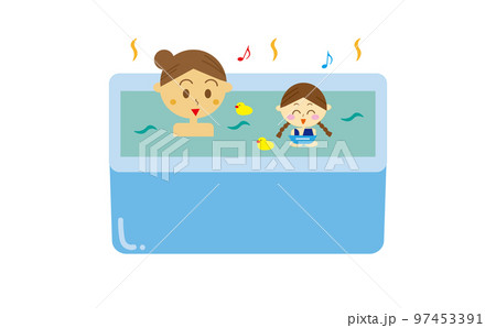 母親と娘の親子で仲良く入浴しているイラスト・家族・浴室・ファミリー・子育て 97453391