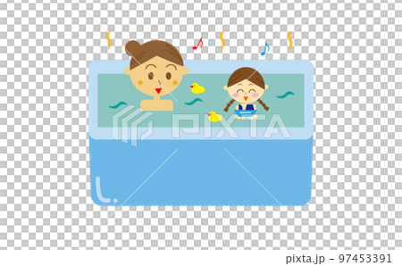 母親と娘の親子で仲良く入浴しているイラスト・家族・浴室・ファミリー・子育て 97453391