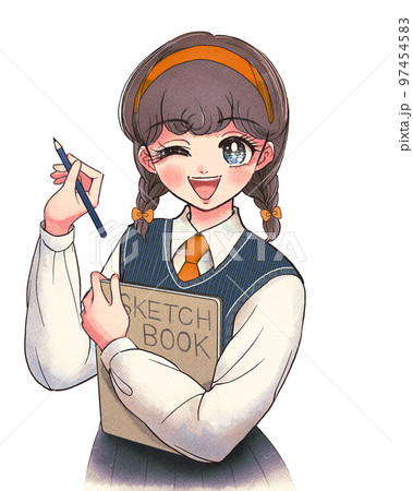 ニューレトロイラスト・スケッチブックを持った美術系学生 97454583