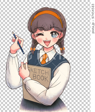 ニューレトロイラスト・スケッチブックを持った美術系学生 97454583