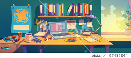 Messy desk with laptop, papers and dirty cups 97455844