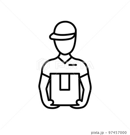 Deliveryman with parcel isolated courier holding cardboard box thin line icon. Vector outline postman with package. Delivery, postal service, express shipping and food delivery, online orders 97457000