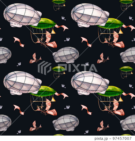 Retro aerostate vintage style watercolor seamless pattern isolated on dark. 97457007
