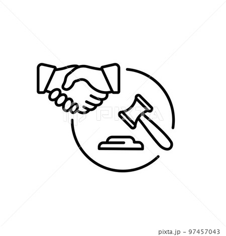 legal settlement icon, law agreement, litigation judgment concept, handshake with judge hammer, thin line symbol on white background - editable stroke vector illustration 97457043