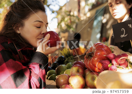 Healthy customer enjoying organic natural smell of apples, standing in front of farmers market stand. Woman smelling bio fruits before buying homegrown eco produce from counter. Healthy customer enjoying organic natural smell of apples, standing in front of farmers market stand. Woman smelling bio fruits before buying homegrown eco produce from counter. 97457359