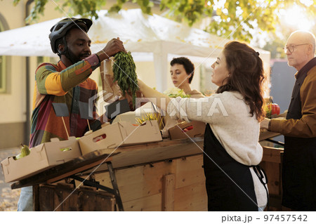 Young local vendor giving order of natural bio produce to deliveryman, helping with fruits and vegetables food delivery. Woman farmer preparing organic eco products at farmers market. Young local vendor giving order of natural bio produce to deliveryman, helping with fruits and vegetables food delivery. Woman farmer preparing organic eco products at farmers market. 97457542