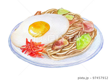 目玉焼き乗せ焼きそば 水彩イラスト 目玉焼き乗せ焼きそば 水彩イラスト 97457912