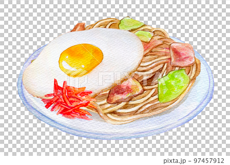 帶有煎蛋水彩插圖的 Yakisoba 97457912