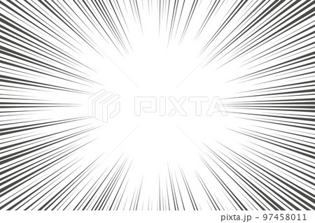 Speed lines in frame for manga comics book. Radial motion background. Monochrome explosion and flash glow. Vector 97458011