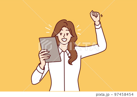 Happy woman raising hand making victory gesture and looking at electronic tablet. Vector image 97458454