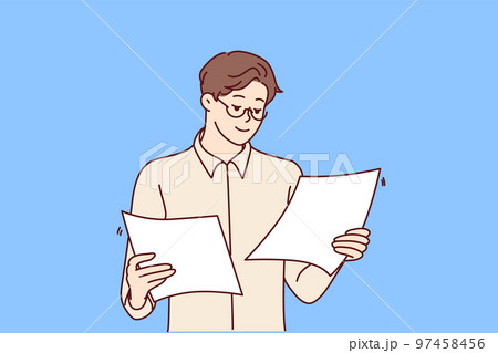 Concentrated man office worker holding two sheets of paper in hands reading report. Vector image 97458456