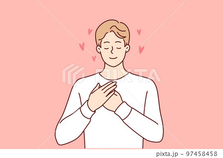 Enamored man puts hands on chest and closes eyes remembering girlfriend. Vector image 97458458