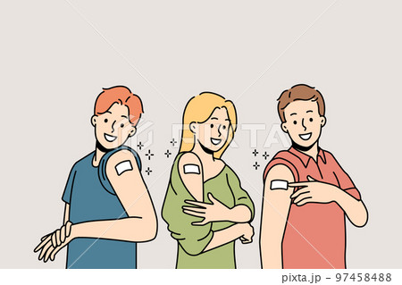 Smiling people show bandages after vaccination 97458488