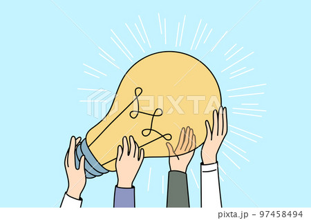 People hands hold huge lightbulb  97458494