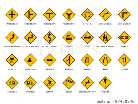 オレンジ色の道路標識の警戒標識全種類 27セットのイラスト