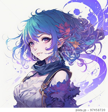 優雅に微笑む紫と青のグラデーション髪のアニメ少女「AI生成画像」 97458720