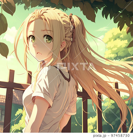 新緑の庭でこちらを見る金髪の美少女「AI生成画像」のイラスト素材